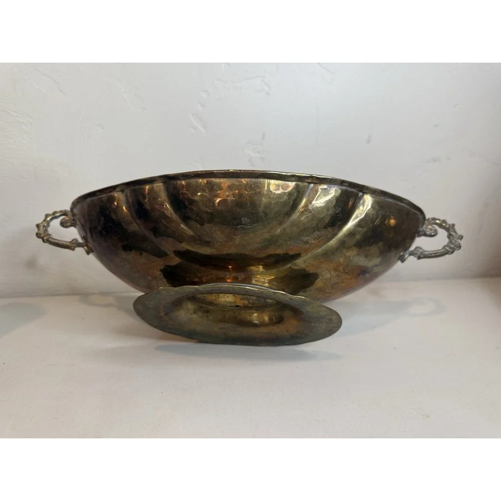 Vintage Hammered Brass Console Fruit Bowl with Side Handles & Scalloped Sides